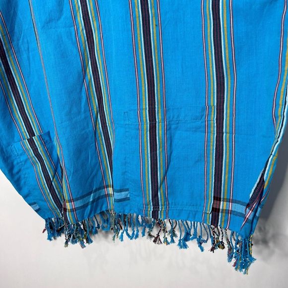 Shanzu Tunic Poncho Coverup Boho Fringe Striped Box Fit Blue Yellow Women's OS - Picture 5 of 8